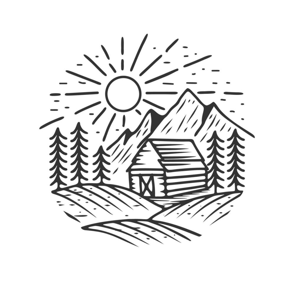 cabin logo. wooden cabin illustration design in mountain and pine trees landscape vector