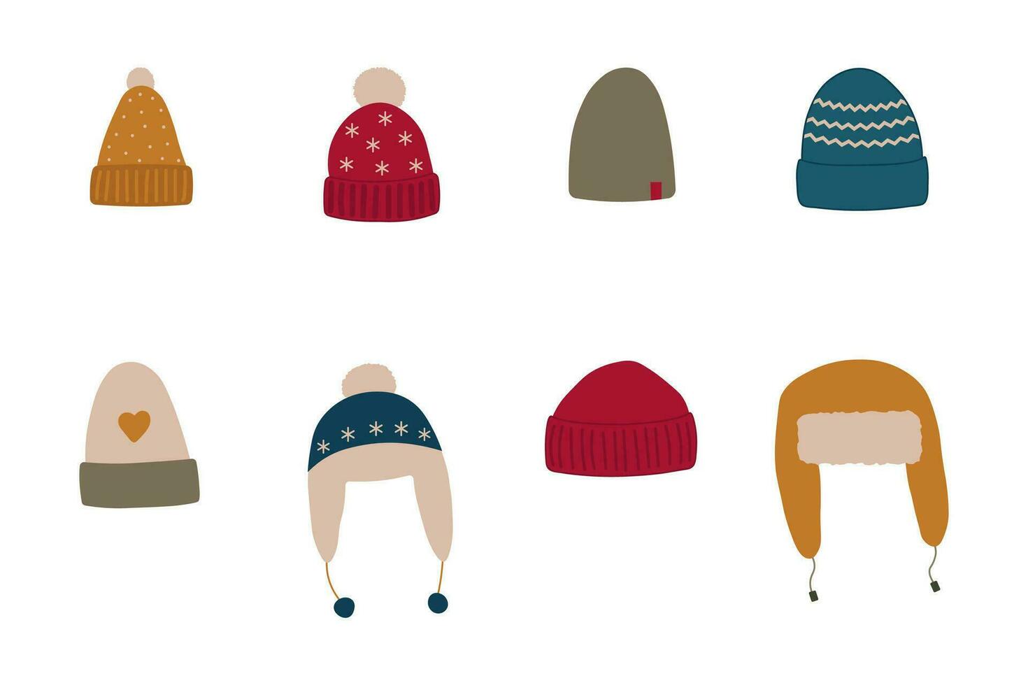 Set of cute hand drawn knitted hats for winter. Flat vector illustration. Collection of knitwear cliparts.