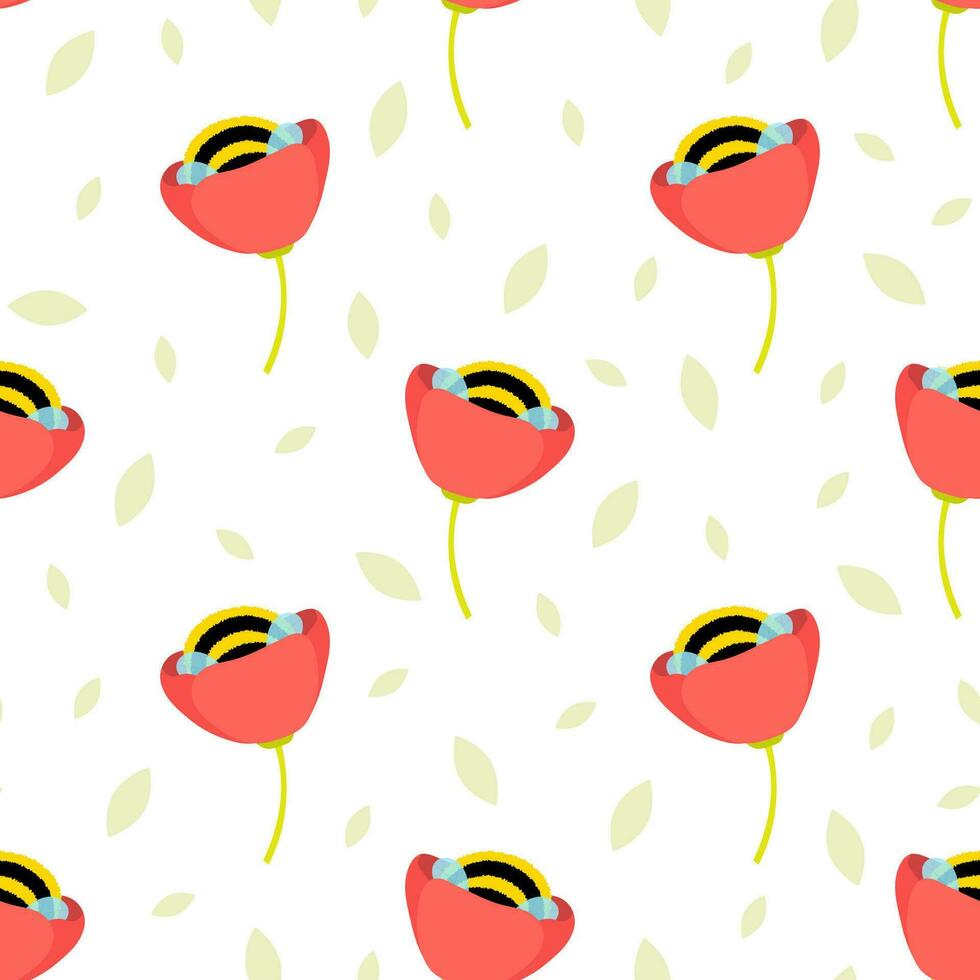 Seamless pattern with bees and flowers. Flat design vector illustration.