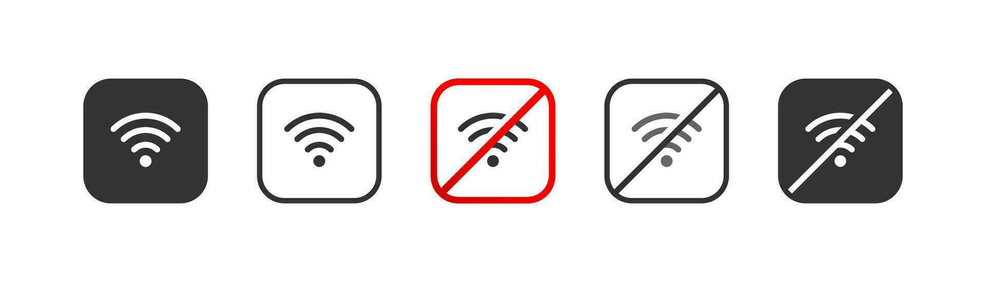 No wi fi icon in red square, wi fi zone. Wireless internet signal symbol, Outline flat and colored vector illustration.