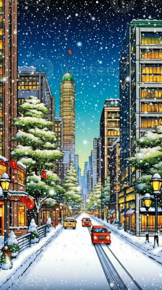 ai generado Navidad paisaje urbano durante nevada. vistoso ciudad en el víspera de el nuevo año. foto