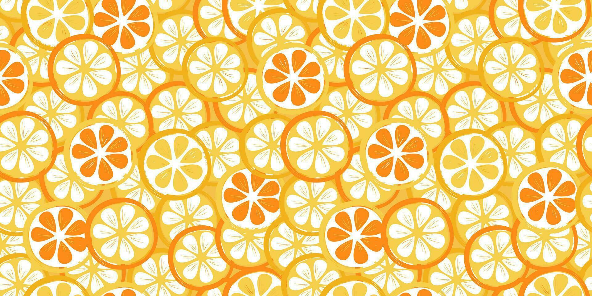 Seamless pattern with cut citrus fruits. Juicy abstract slices of lemon and orange. Vector graphics.