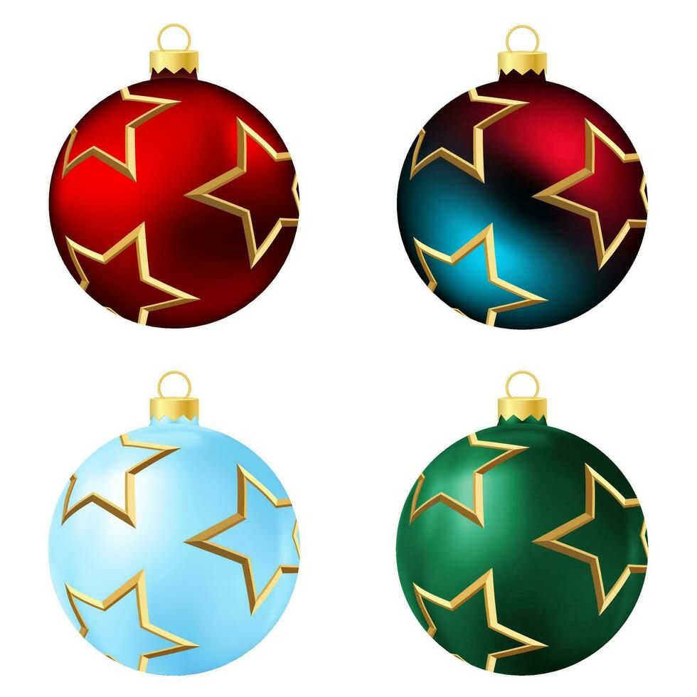 Set of red, rainbow, blue and green Christmas tree toy or ball vector