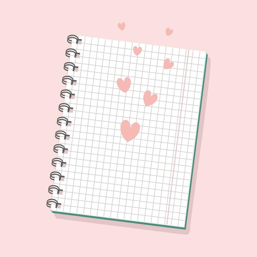 blanco a cuadros cuaderno con corazones en un rosado antecedentes. amantes letra diseño para San Valentín día, vector