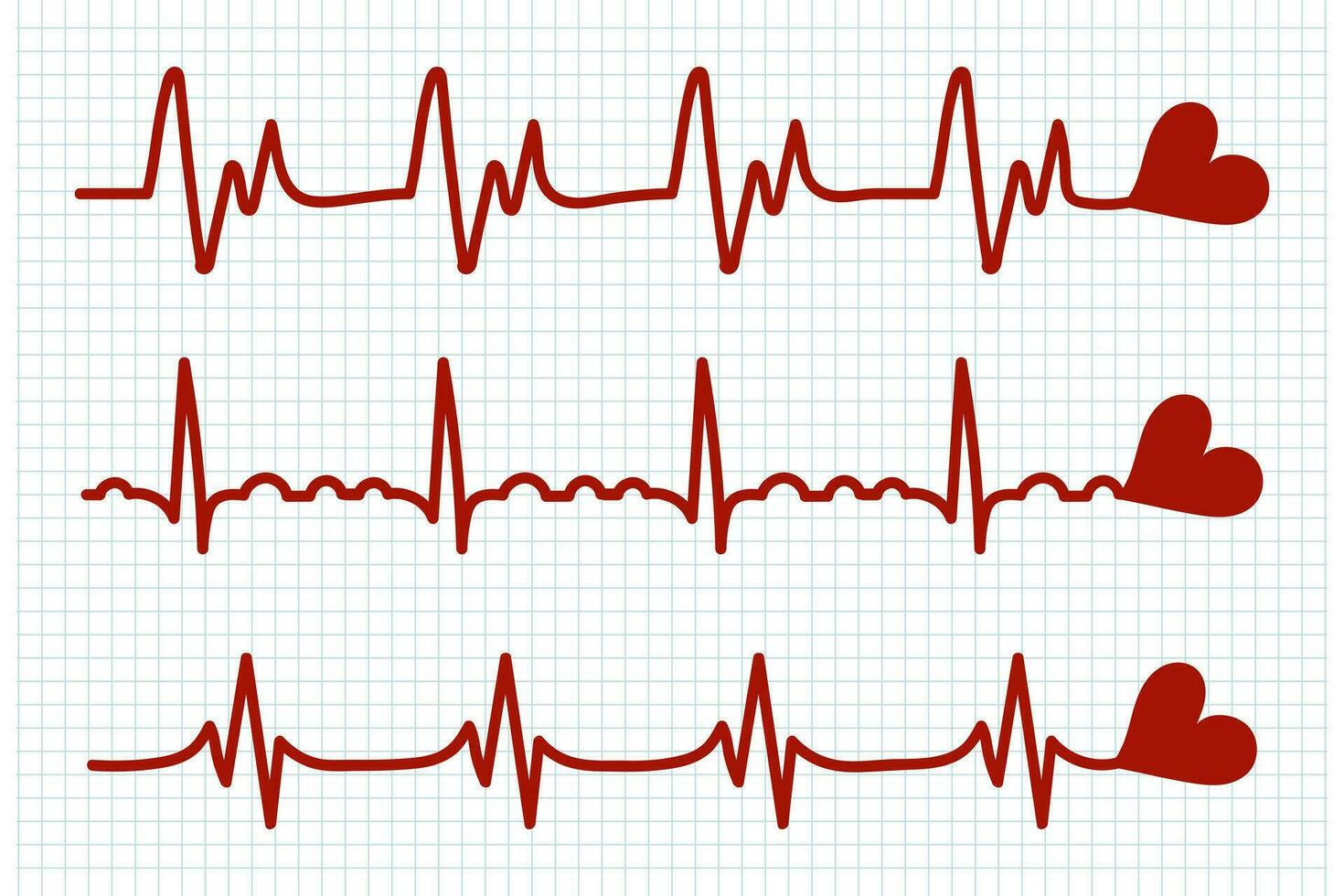 Heartbeat, icons set. Red heart beats on a checkered sheet. Cardiogram of the heart. Design elements, doodles, vector