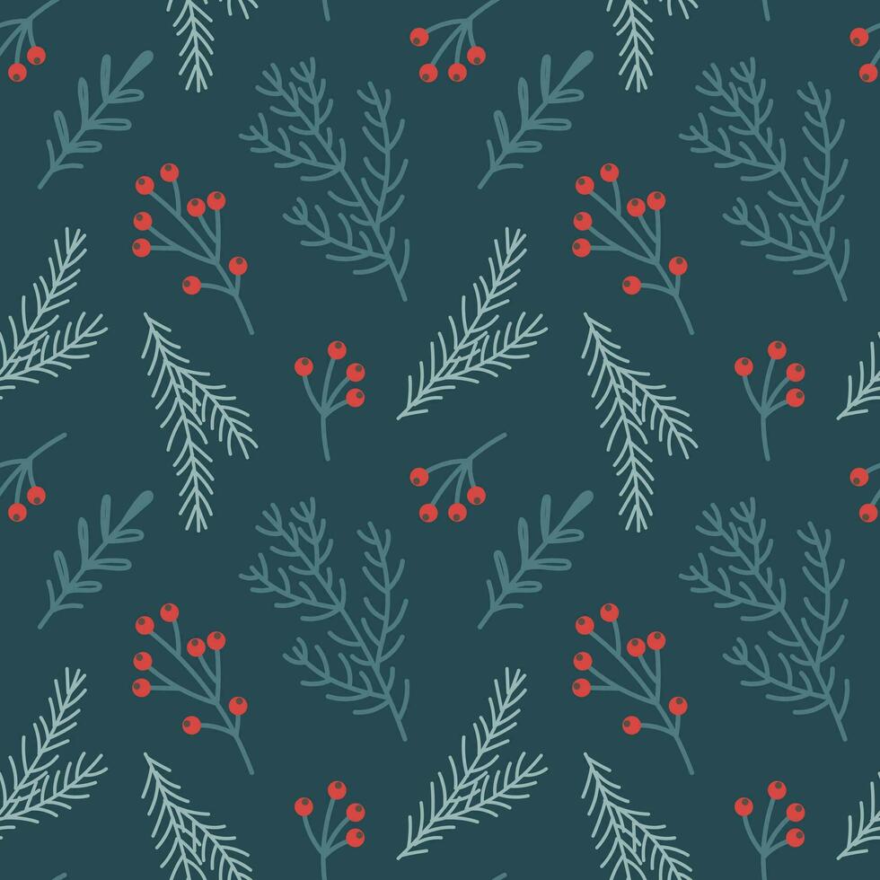 Christmas seamless pattern with Christmas tree branches and holly and rowan berries. New Year's design. Background, print, vector