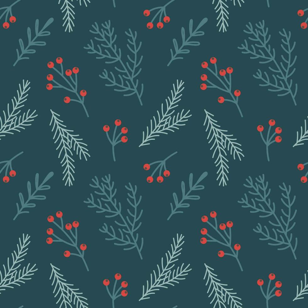 Christmas seamless pattern with Christmas tree branches and holly and rowan berries. New Year's design. Background, print, vector