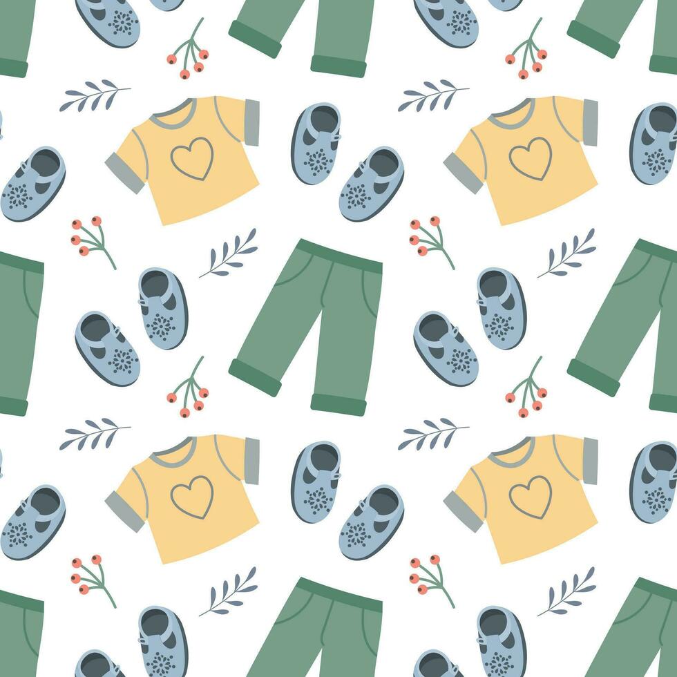 Seamless pattern of baby clothes and shoes. Cute background in cartoon style, print, vector