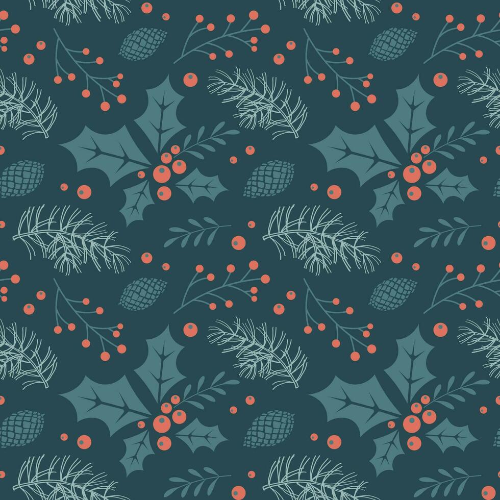 Christmas seamless pattern with Christmas tree branches and holly and rowan berries. New Year's design. Background, print, vector