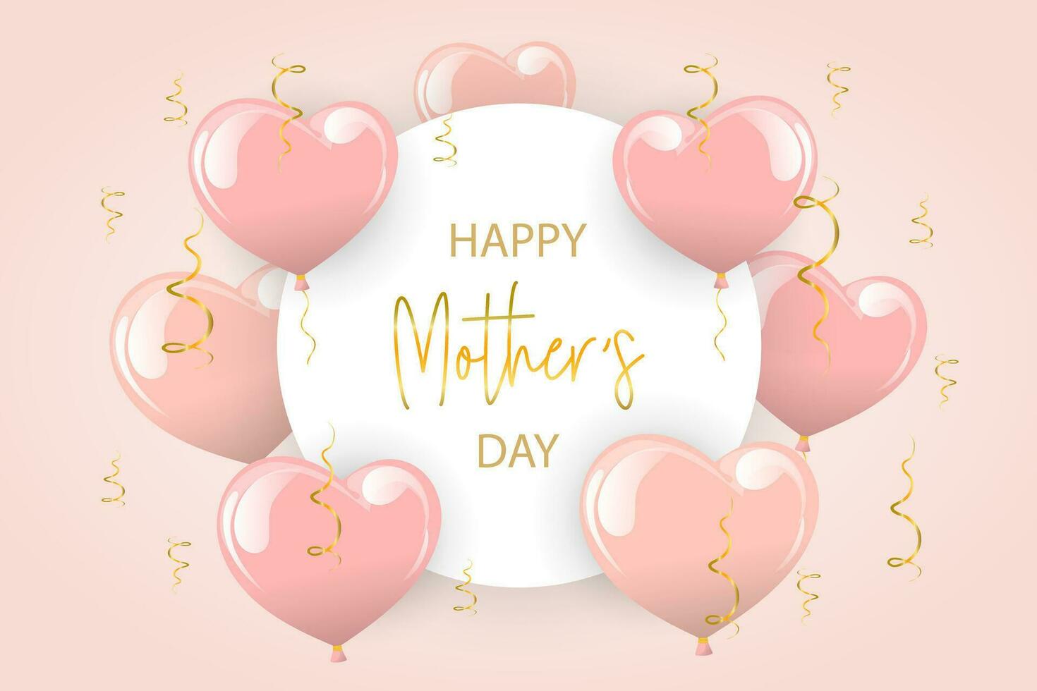 Holiday banner Happy mothers day, pink heart balloons and gold serpentines with white template. Postcard, poster, 3d illustration, vector