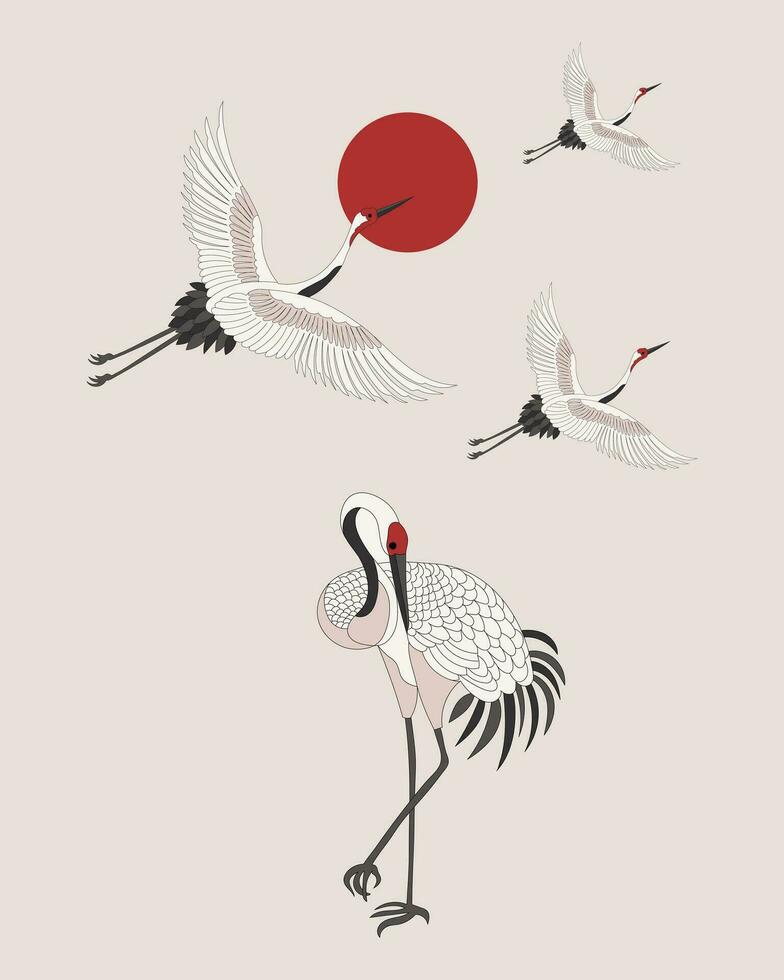 White flying cranes, storks in the sky with the moon. Retro style poster, postcard, vector