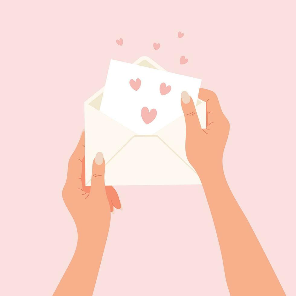 A letter in a postal envelope with hearts in hands on a pink background. Lovers letter design for Valentine's Day, vector