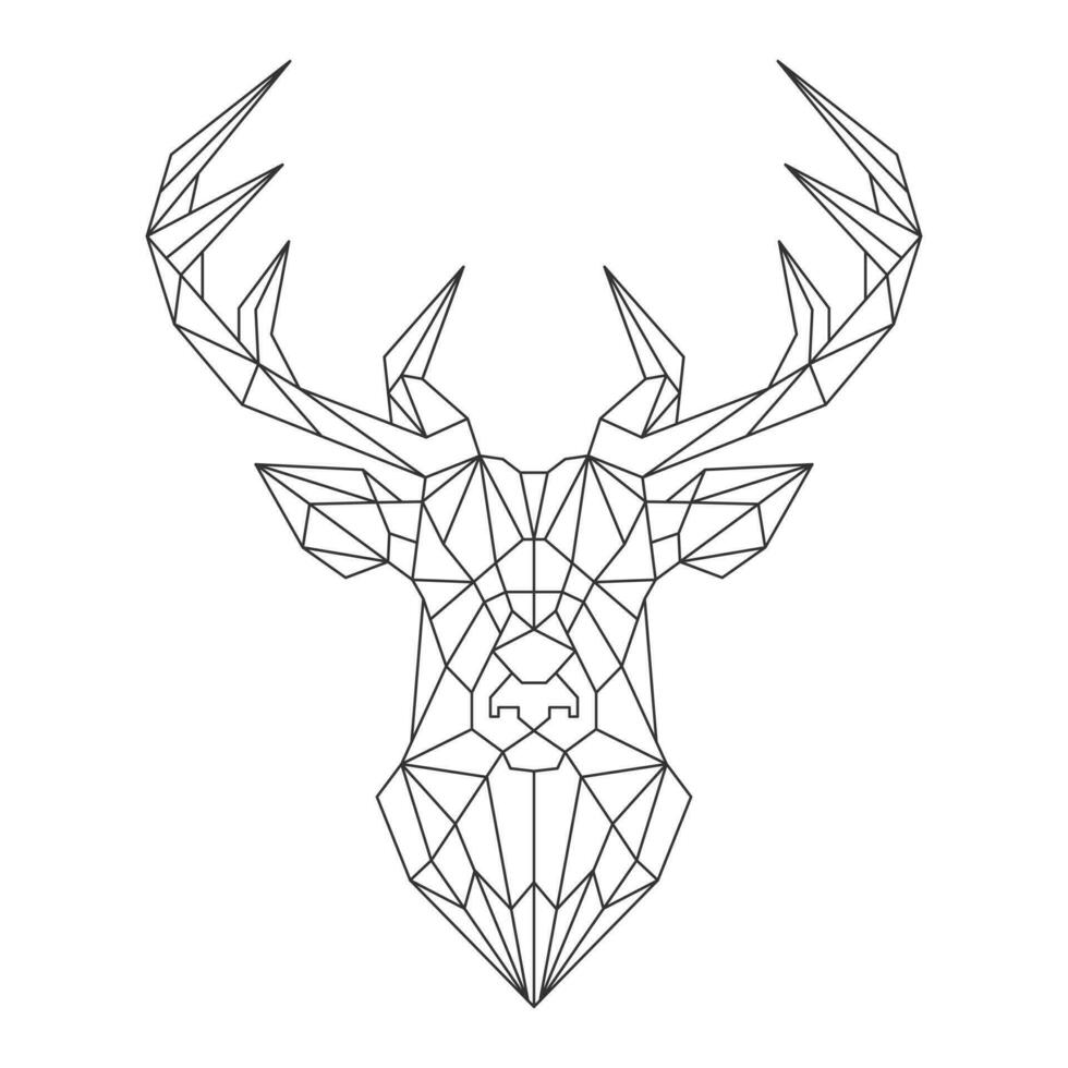 Deer head, geometric polygonal reindeer illustration, outline. Poster, logo, wall art. Line art, vector