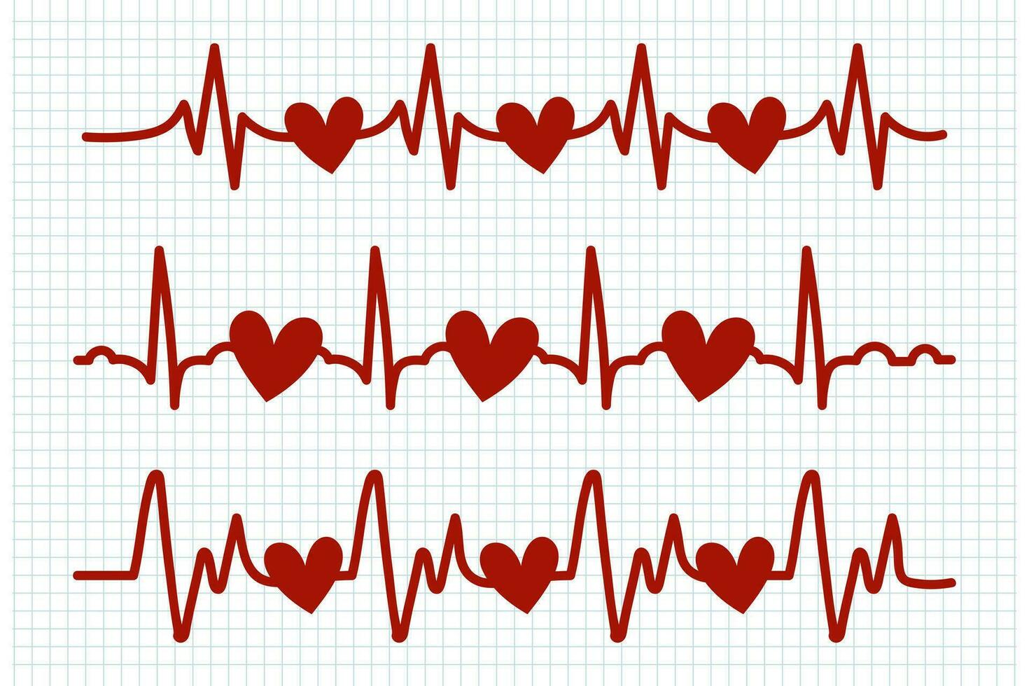 Heartbeat, icons set. Red heart beats on a checkered sheet. Cardiogram of the heart. Design elements, doodles, vector
