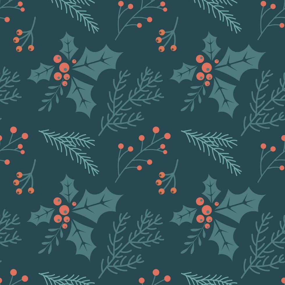 Christmas seamless pattern with Christmas tree branches and holly and rowan berries. New Year's design. Background, print, vector
