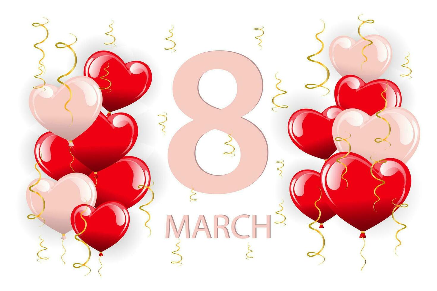 Festive banner 8 March, pink and red heart balloons and gold serpentines with text. Postcard, poster, 3d illustration, vector
