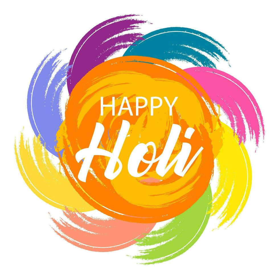 Happy Holi, the spring festival of colors in India. Abstract colorful strokes with grunge texture brush and congratulatory text. Banner, postcard, vector