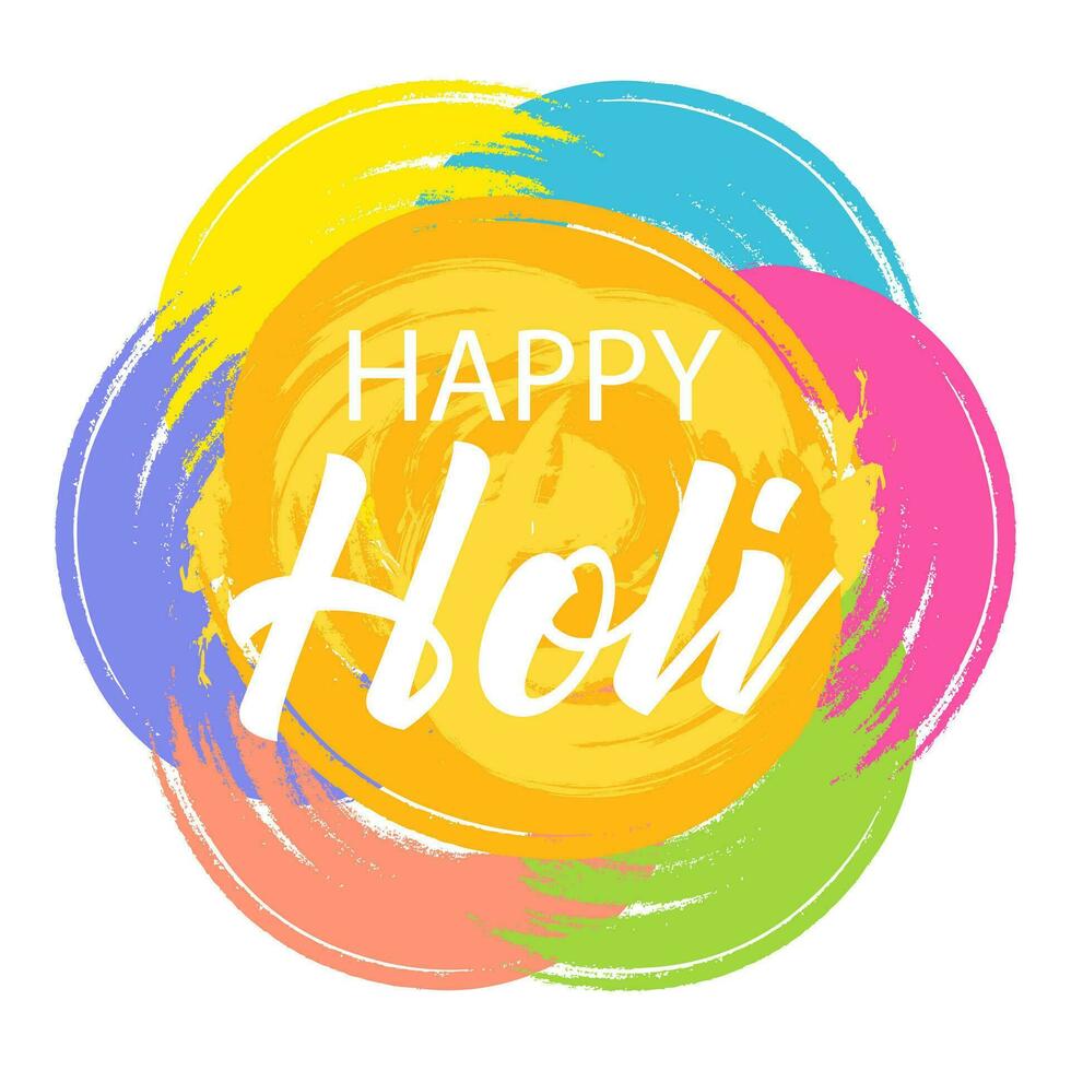 Happy Holi, the spring festival of colors in India. Abstract colorful strokes with grunge texture brush and congratulatory text. Banner, postcard, vector