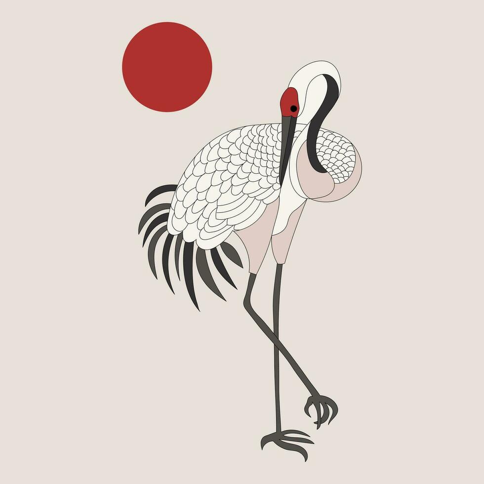 White crane, stork on a background with the moon. Retro style poster, postcard, vector