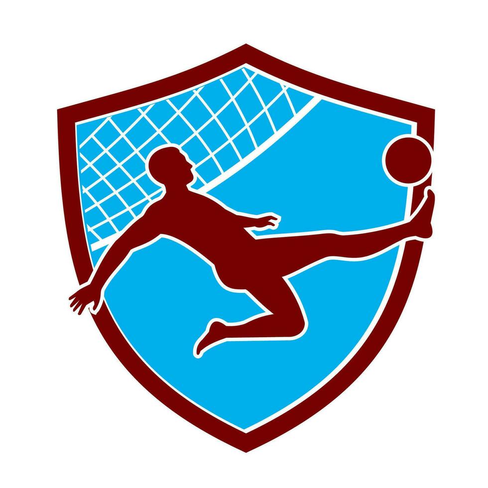 Footvolley Player Kicking the Ball Inside Shield Mascot Retro vector