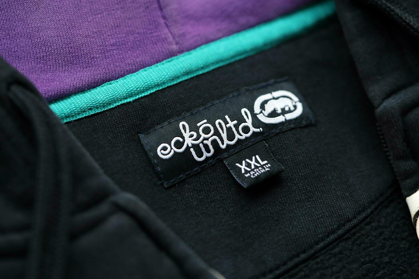 KYIV, UKRAINE - 4 MAY, 2023 Ecko Unltd company logo on new brand clothes photo