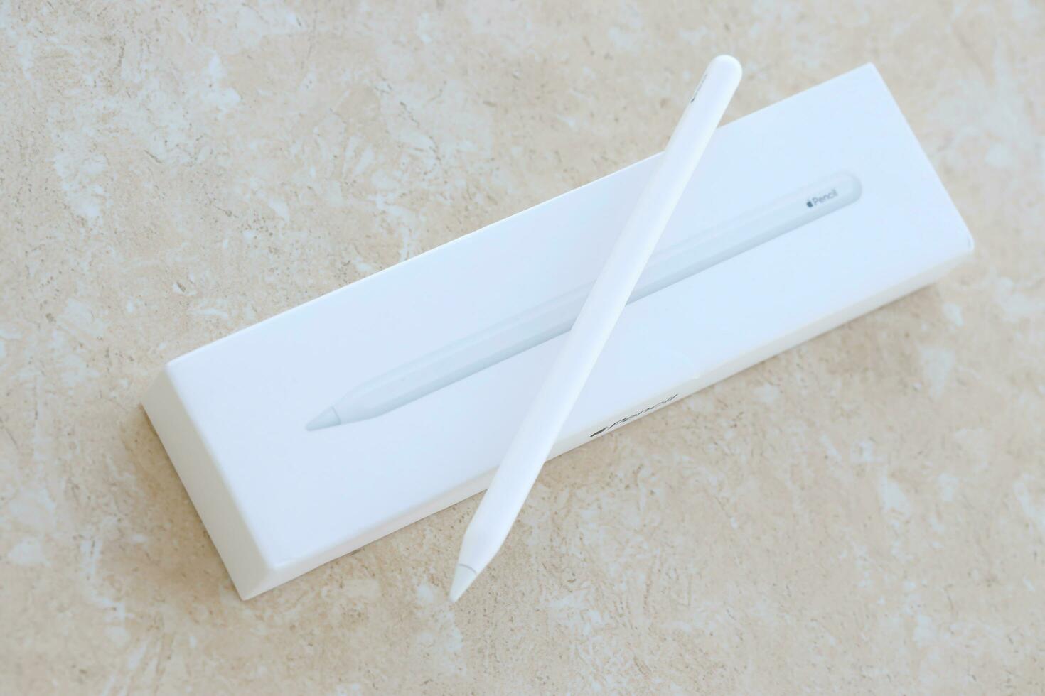 KYIV, UKRAINE - 4 MAY, 2023 New Apple pencil generation 2. Features a flat edge that attaches magnetically for automatic charging and pairing photo