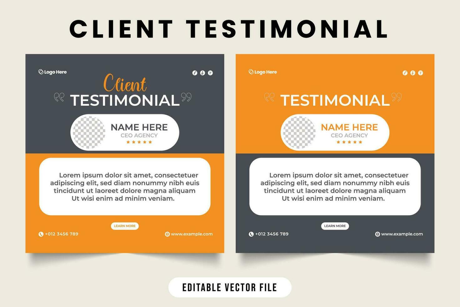 Client review and customer feedback template vector. Testimonial design with dark gray and yellow color. Template with photo placeholder vector. Customer satisfaction and work rating template. vector