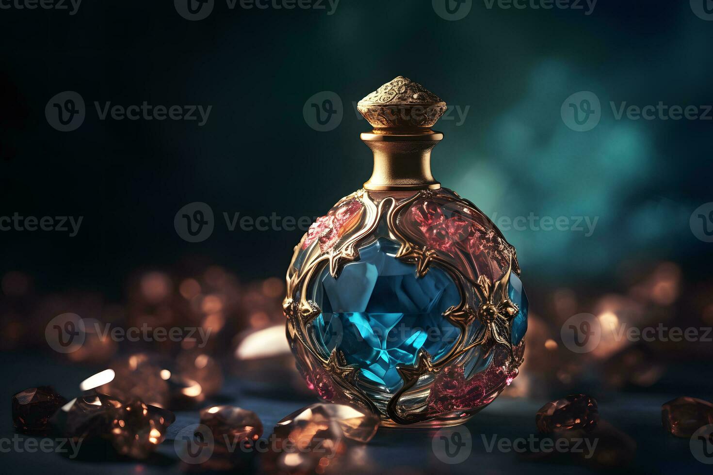 ai generado hermosa elegante perfume botella en un oscuro antecedentes. neural red ai generado foto