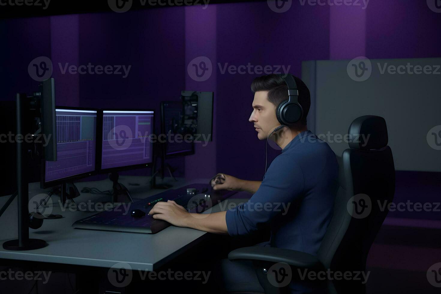AI generated Producer, Audio Engineer Uses Control Desk for Recording New Album Track in Music Record Studio. Neural network AI generated photo