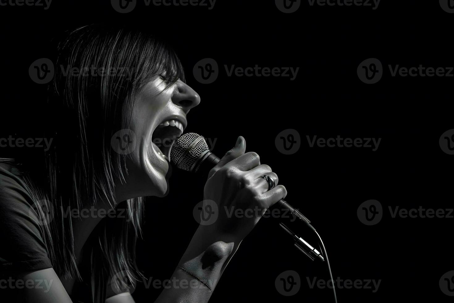 AI generated metal girl yells into a microphone. Neural network AI generated photo