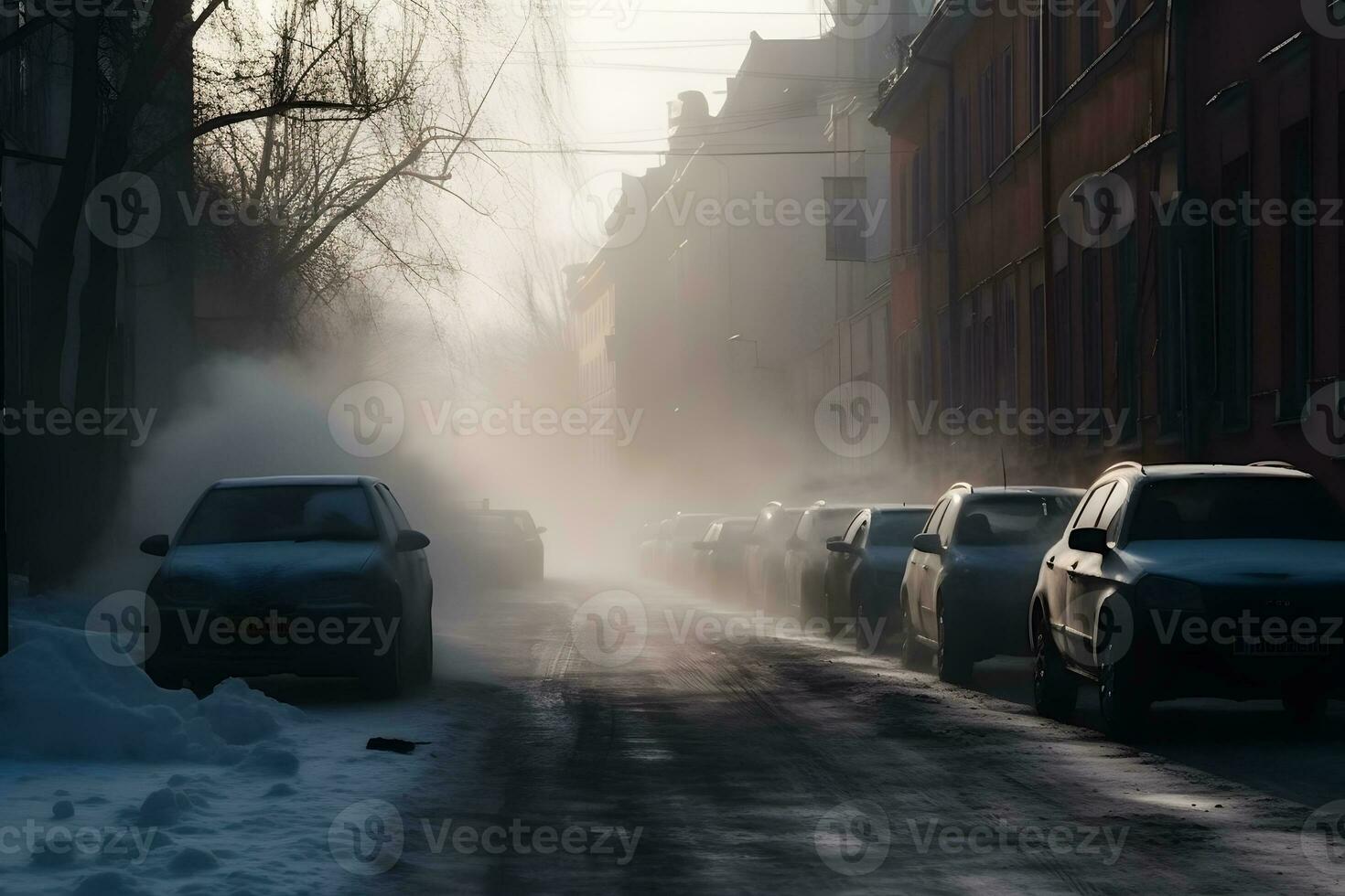 ai generado aire contaminación desde el cansada de carros en el ciudad durante el frío día, ambiental contaminación en el ciudad. neural red ai generado foto