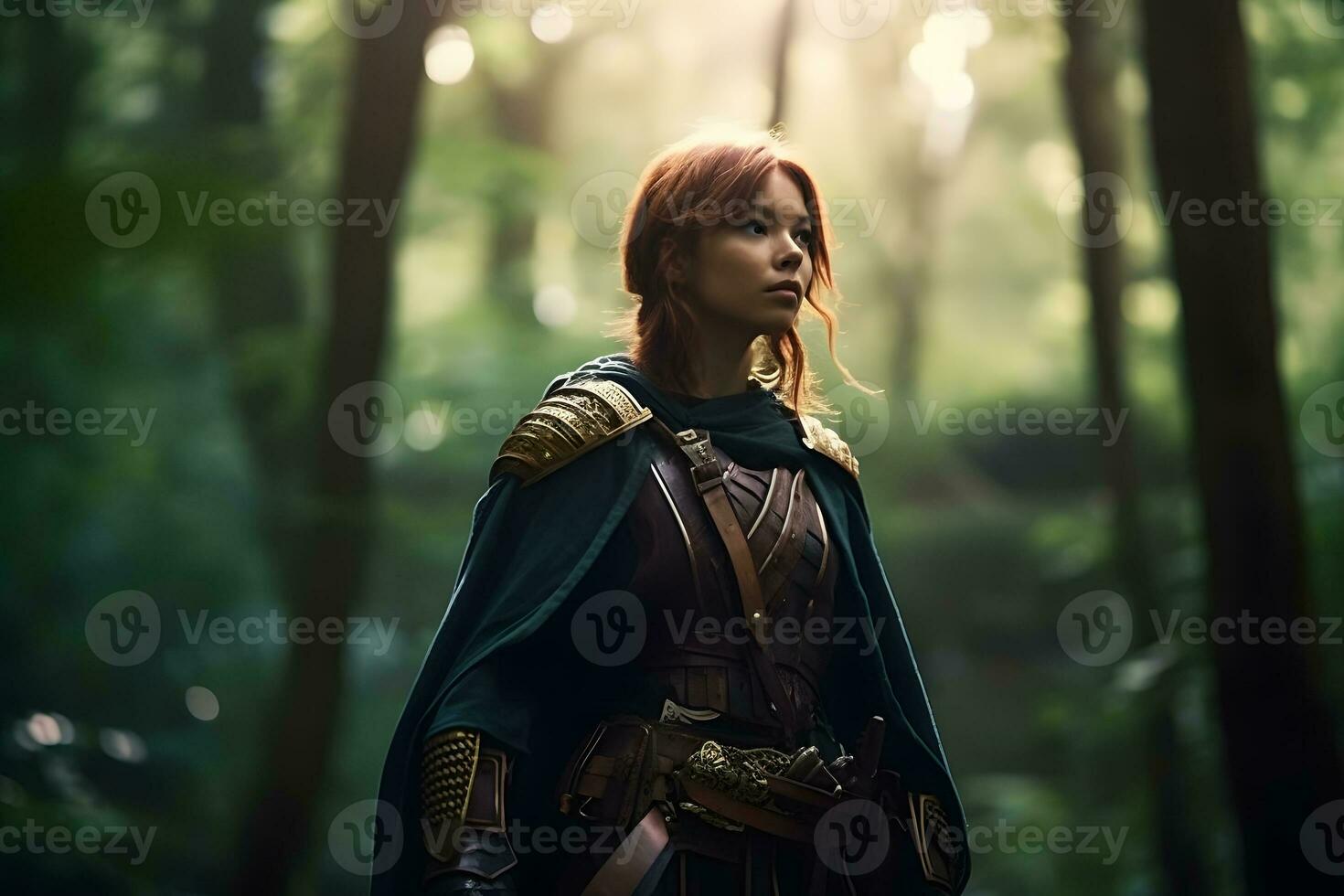 AI generated Medieval warrior girl in the forest. Neural network AI generated photo