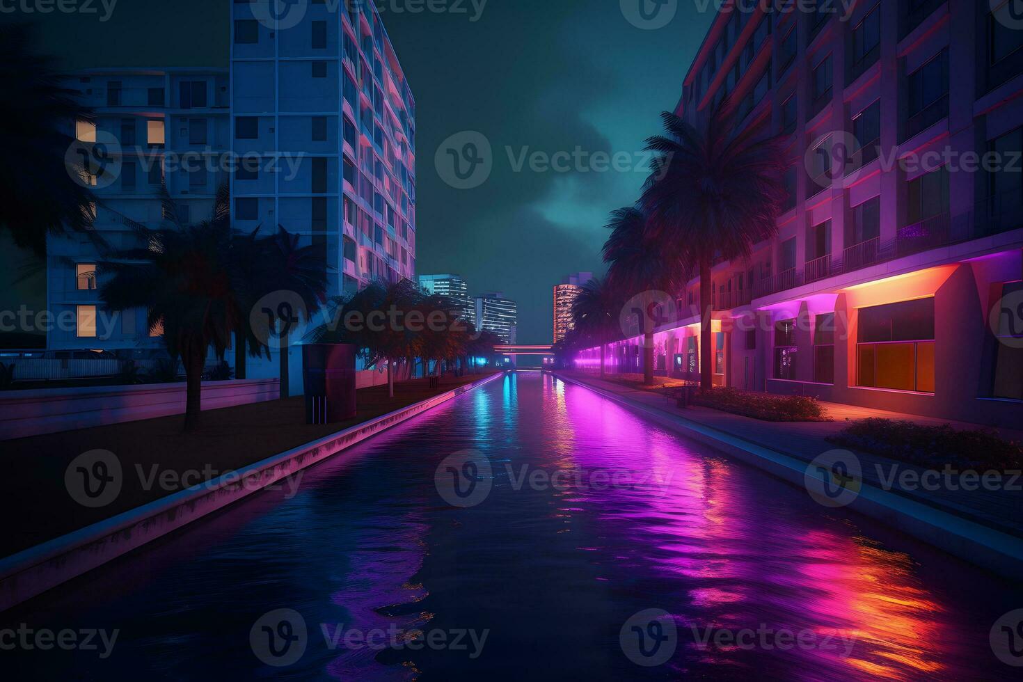 AI generated neon city synthwave retrowave style. Neural network AI generated photo