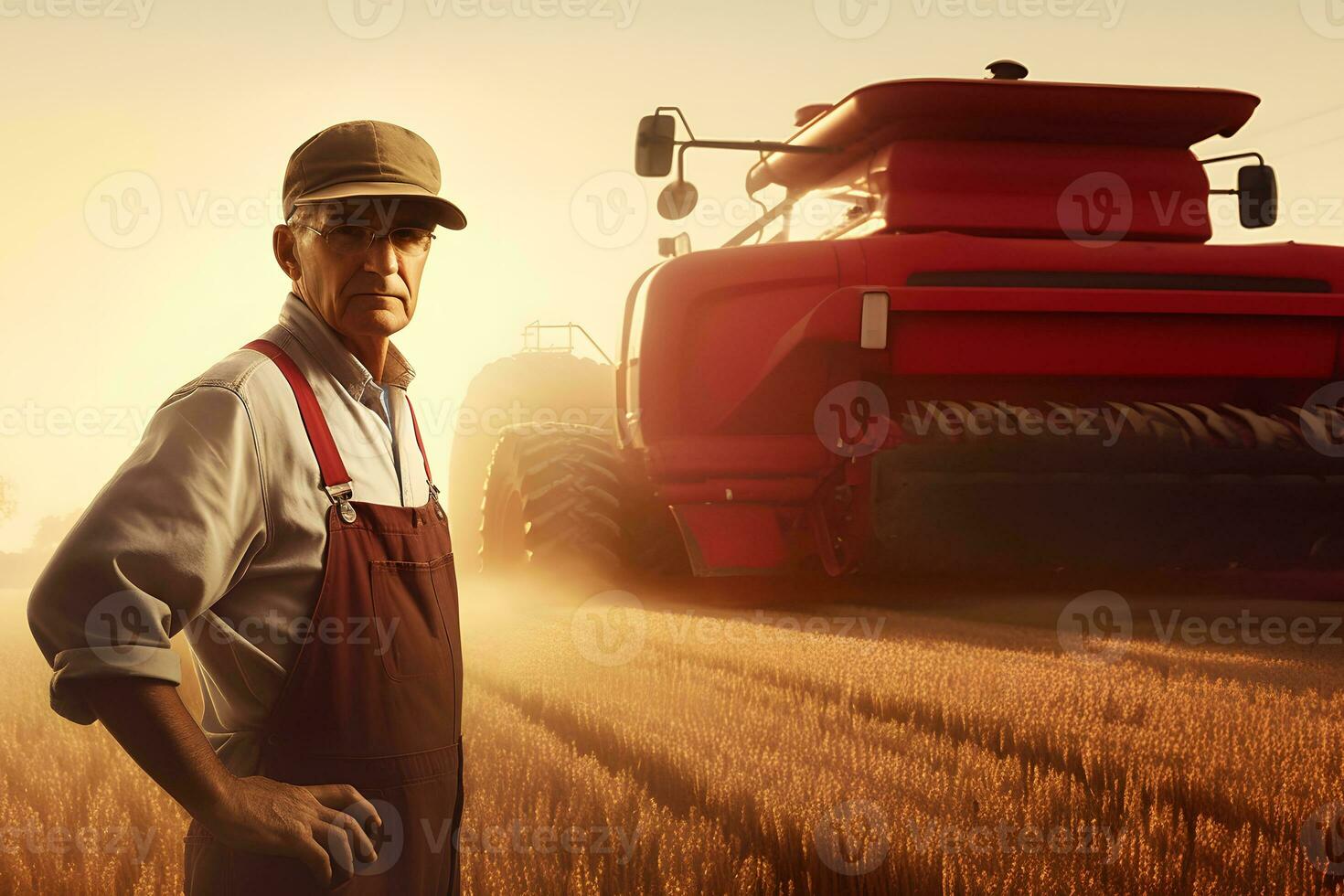 ai generado granjero y agrícola tractor en el campo. neural red ai generado foto