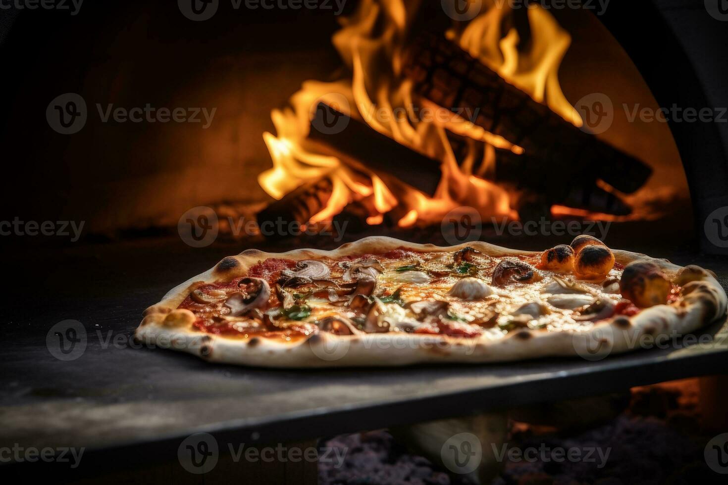 ai generado foto de un Pizza siendo tirado fuera de un a leña horno. generativo ai