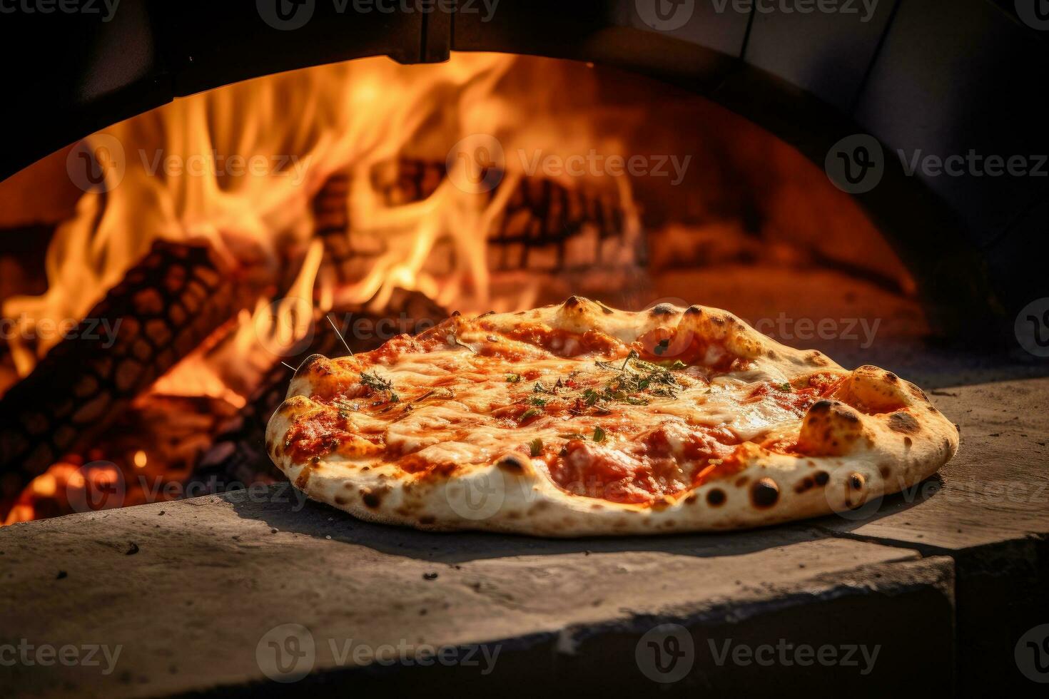 AI generated Photo of a pizza being pulled out of a wood-fired oven. Generative AI