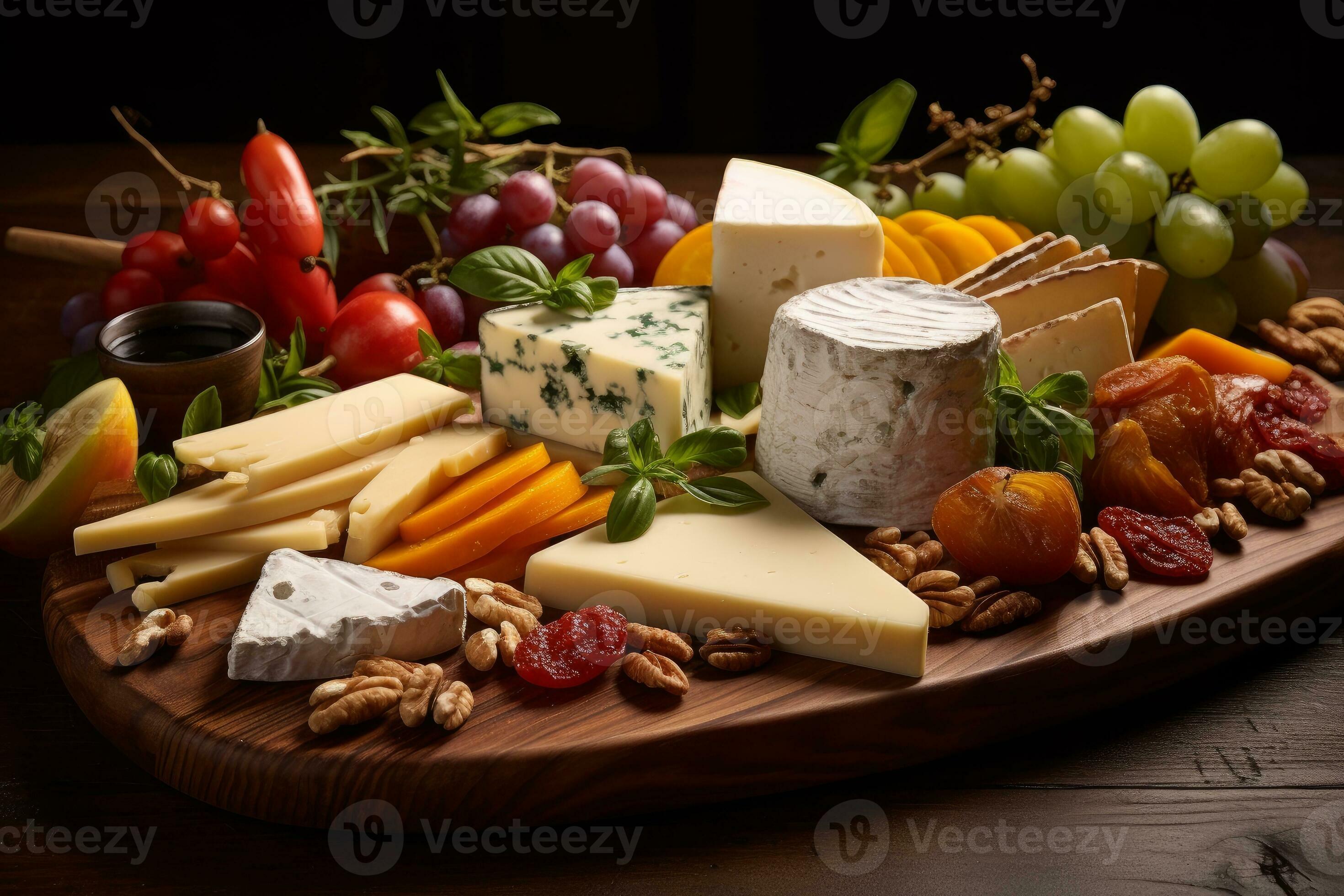 AI generated Photo of a gourmet cheese and charcuterie board with