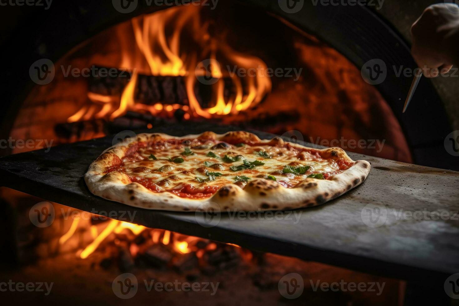 AI generated Photo of a pizza being pulled out of a wood-fired oven. Generative AI