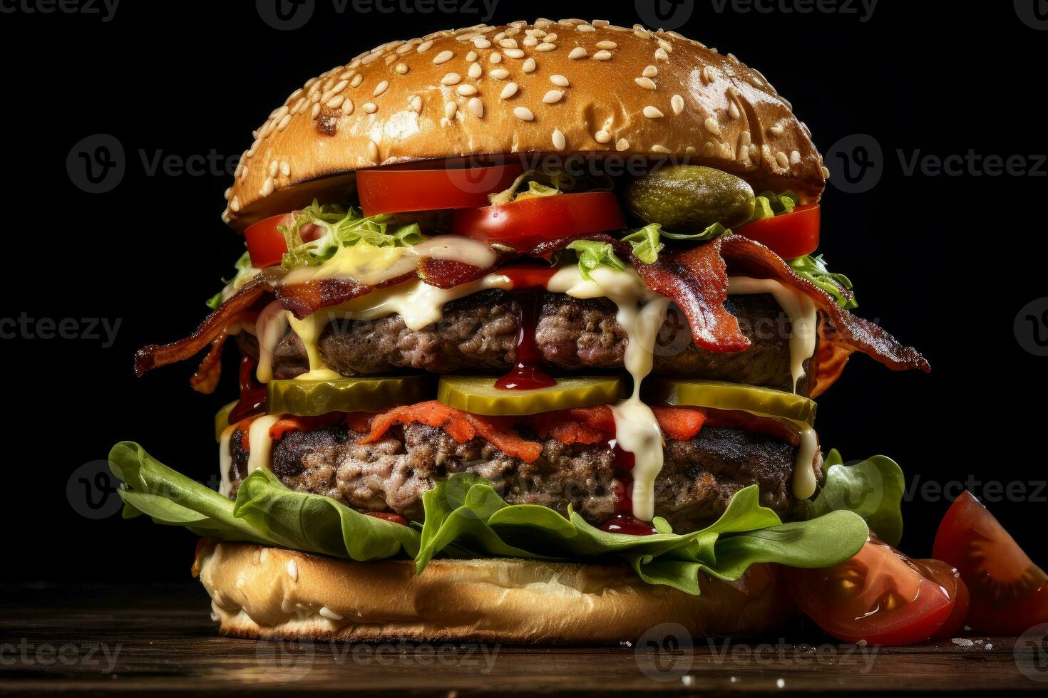 AI generated Photo of a mouthwatering American hamburger with all the fixings on a spotless white countertop. Generative AI