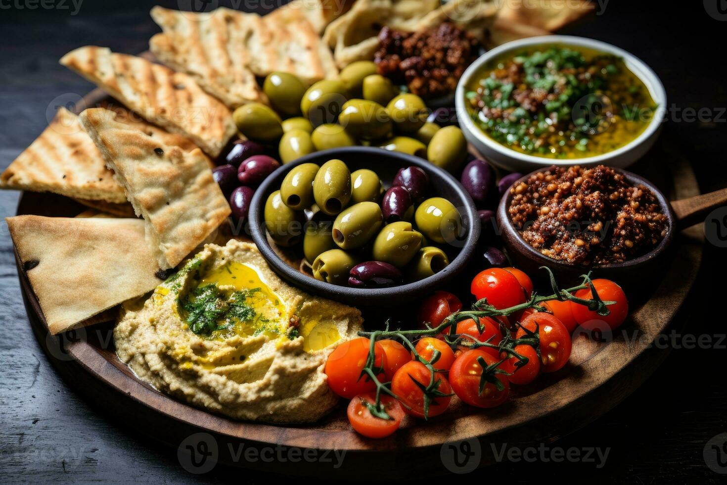 AI generated Photo of a Mediterranean mezze platter with hummus and olives. Generative AI