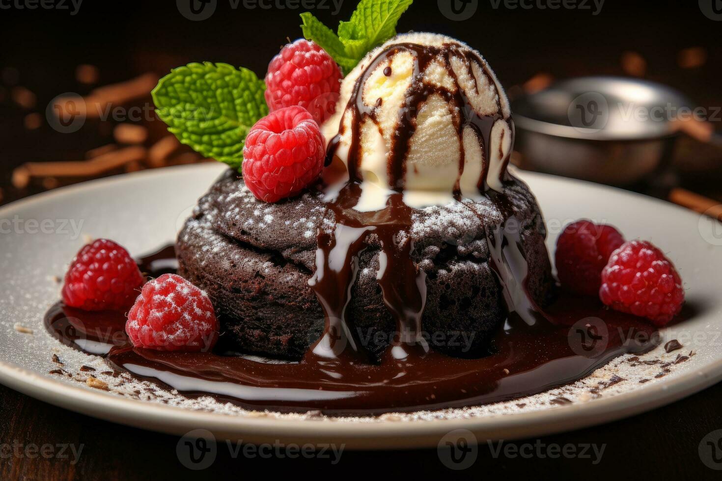 AI generated Photo of a mouthwatering chocolate lava cake with a gooey center. Generative AI