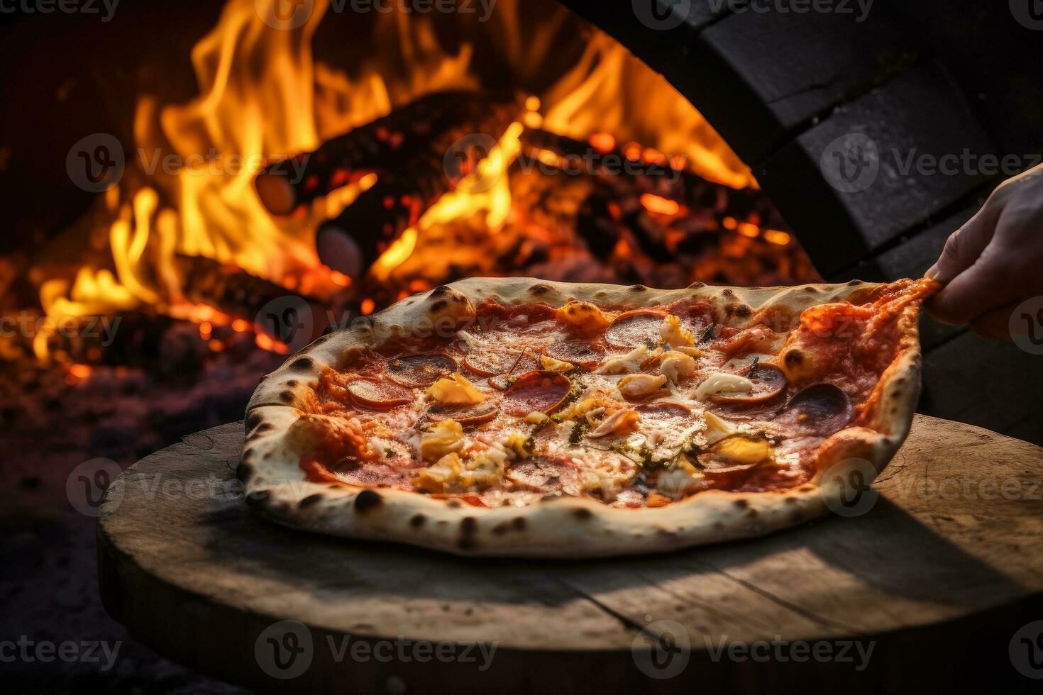 AI generated Photo of a pizza being pulled out of a wood-fired oven. Generative AI