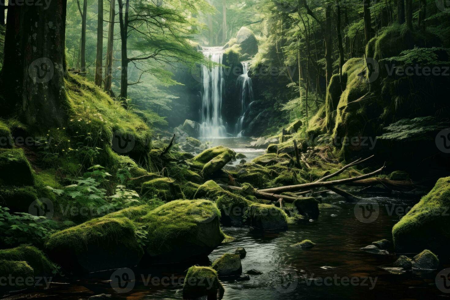 AI generated Photo of a serene forest glade with a hidden waterfall. Generative AI