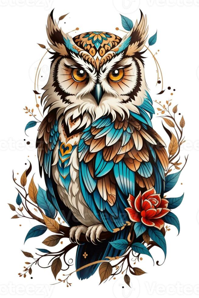 AI generated owl boho totem graphic on white background photo