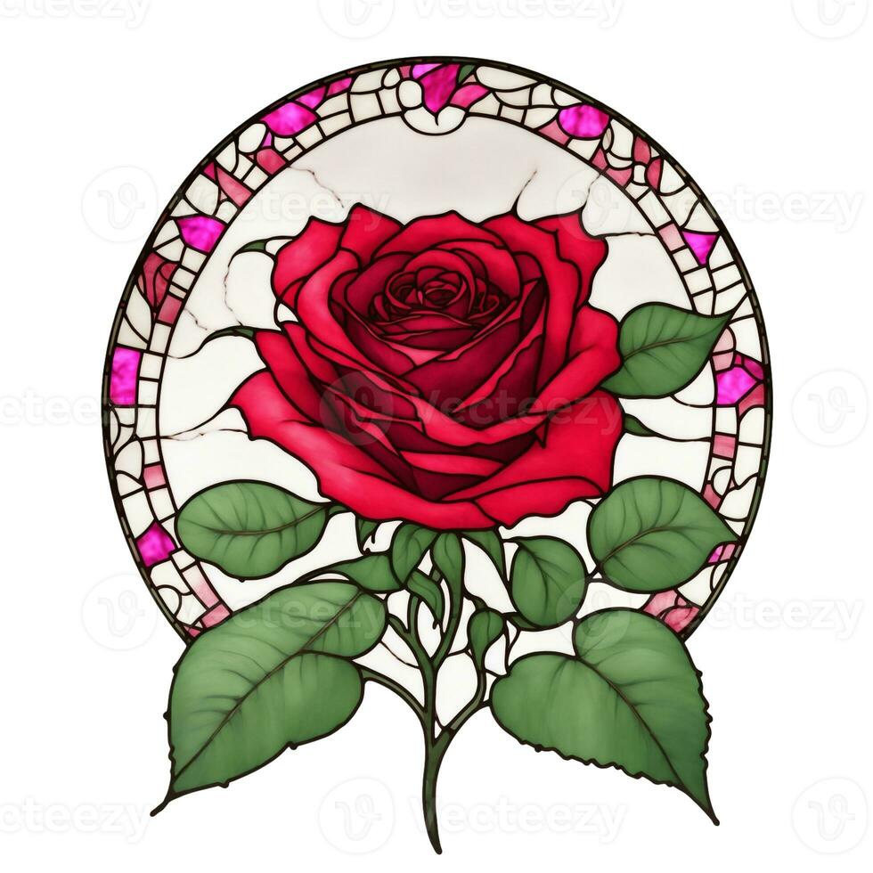 AI generated graphics of a  red rose on a stained glass window photo