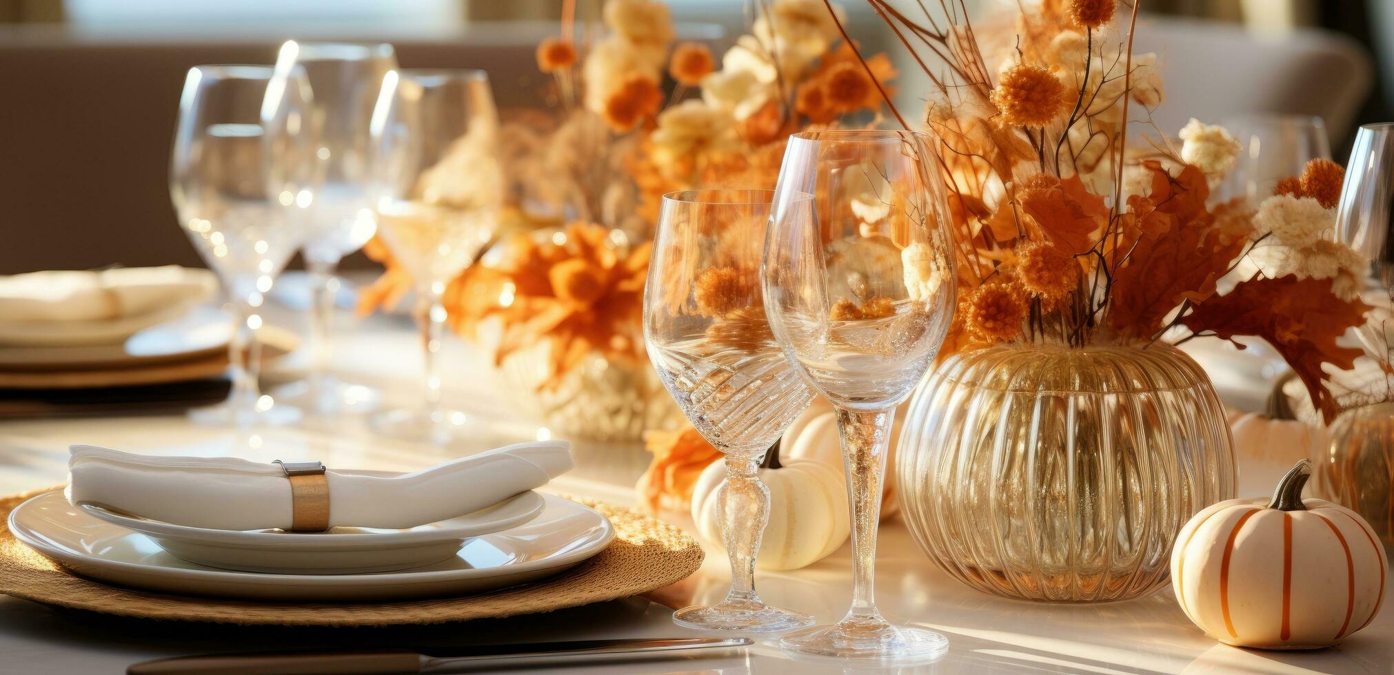 AI generated a table set with fall decorations and pumpkins photo