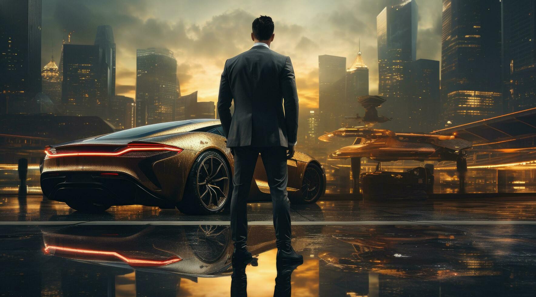 AI generated a man in a suit looking backward at a luxury sports car photo