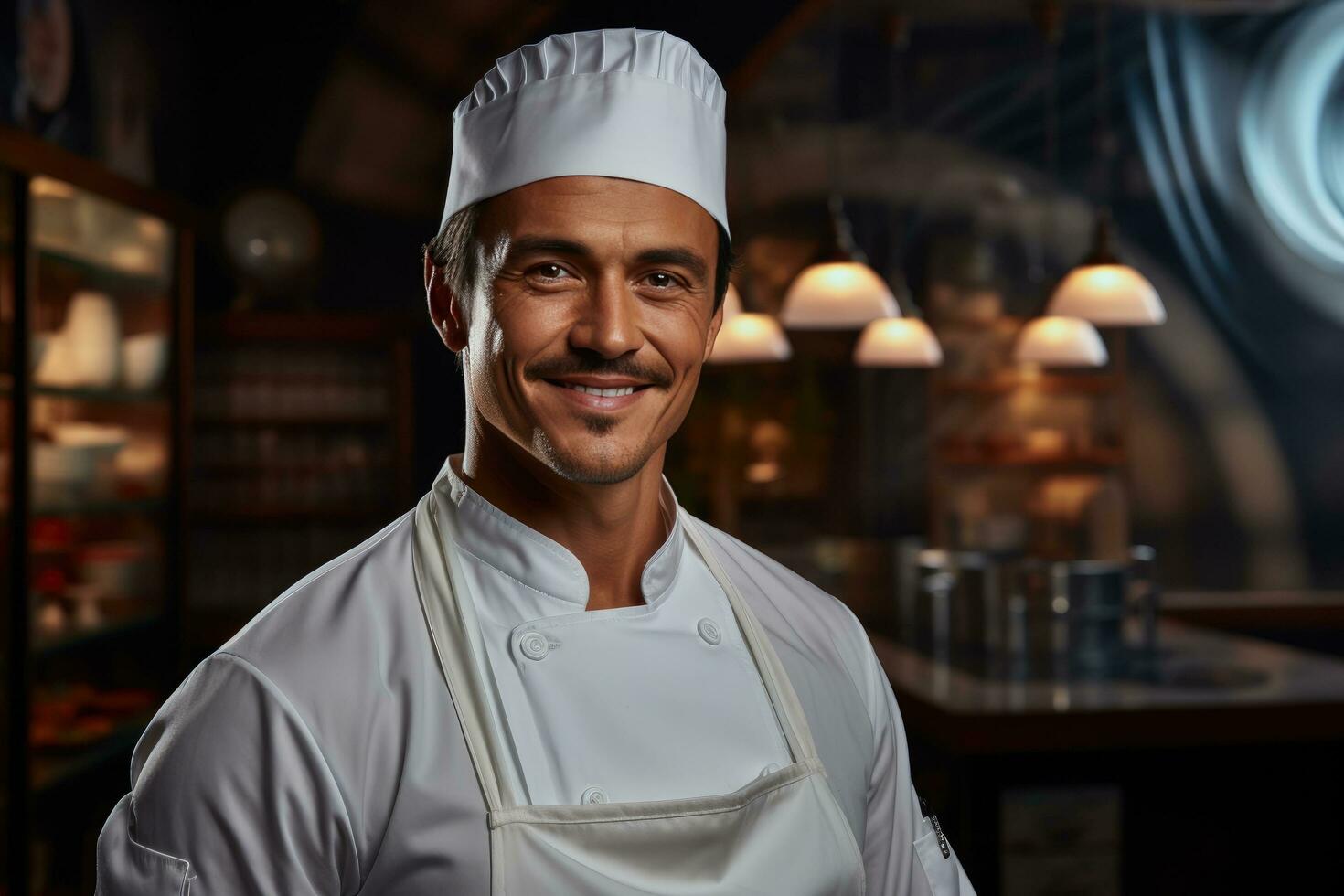 AI generated a smiling chef posing in a restaurant kitchen photo