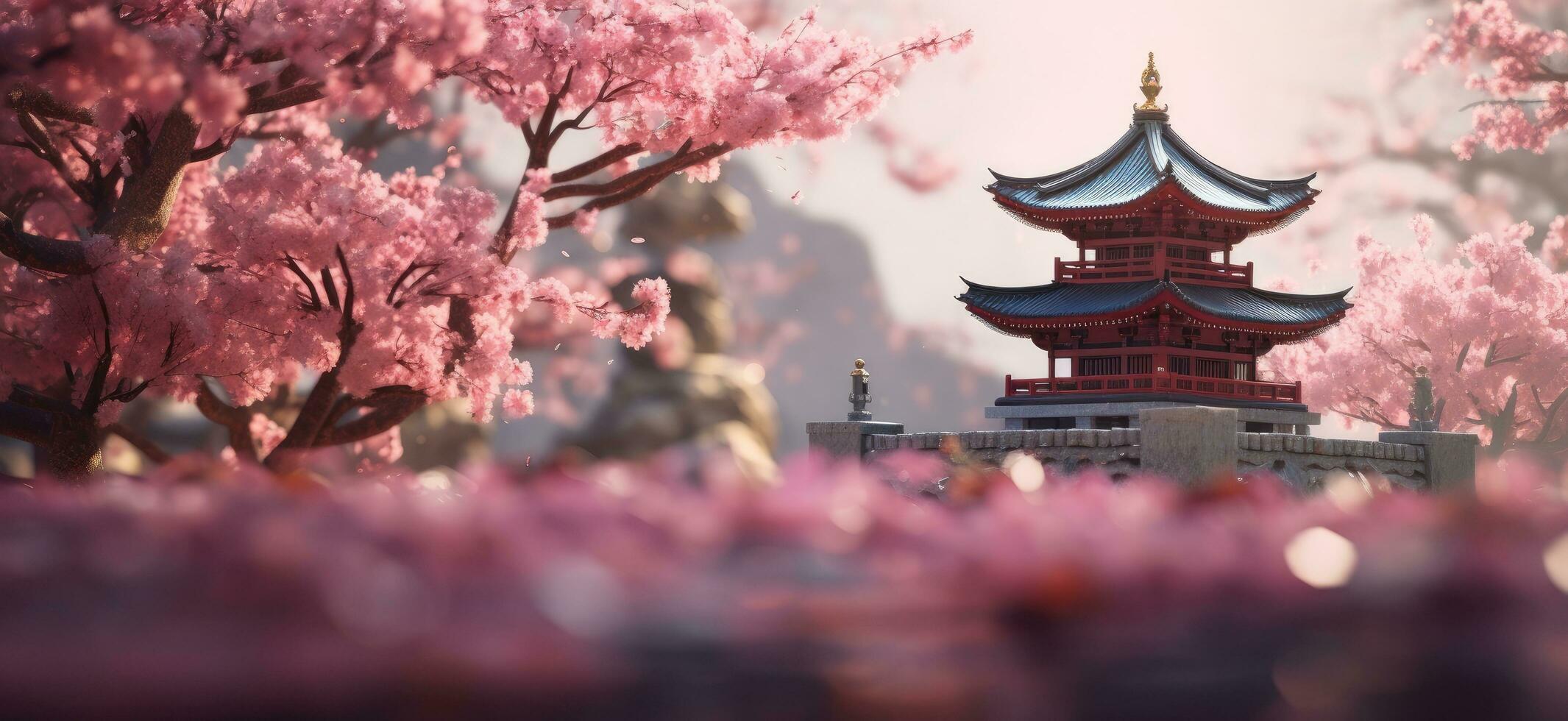 AI generated a pink tree and pagoda with tree stock footage photo