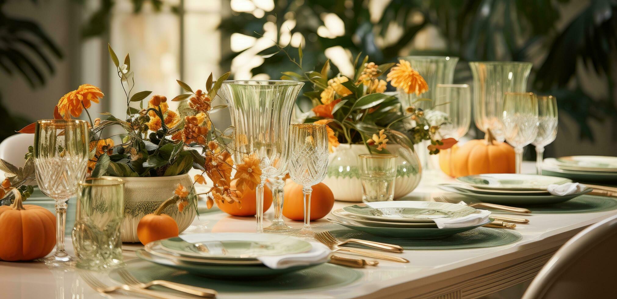 AI generated a table set with fall decorations and pumpkins photo